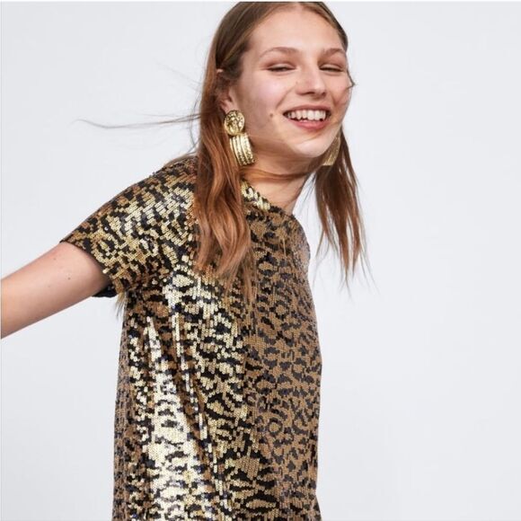Zara -724 Animal Print Black and Gold Sequin Shift Dress Small - Picture 3 of 9